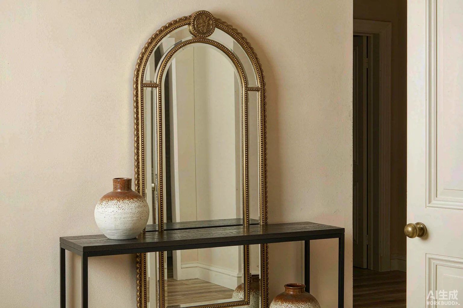 Entryway with gold mirror and ceramic vase